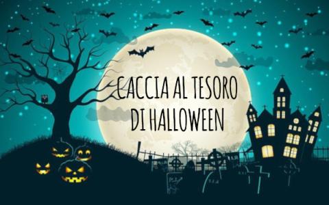 Caccia al tesoro di Halloween con zucche e pipistrelli.